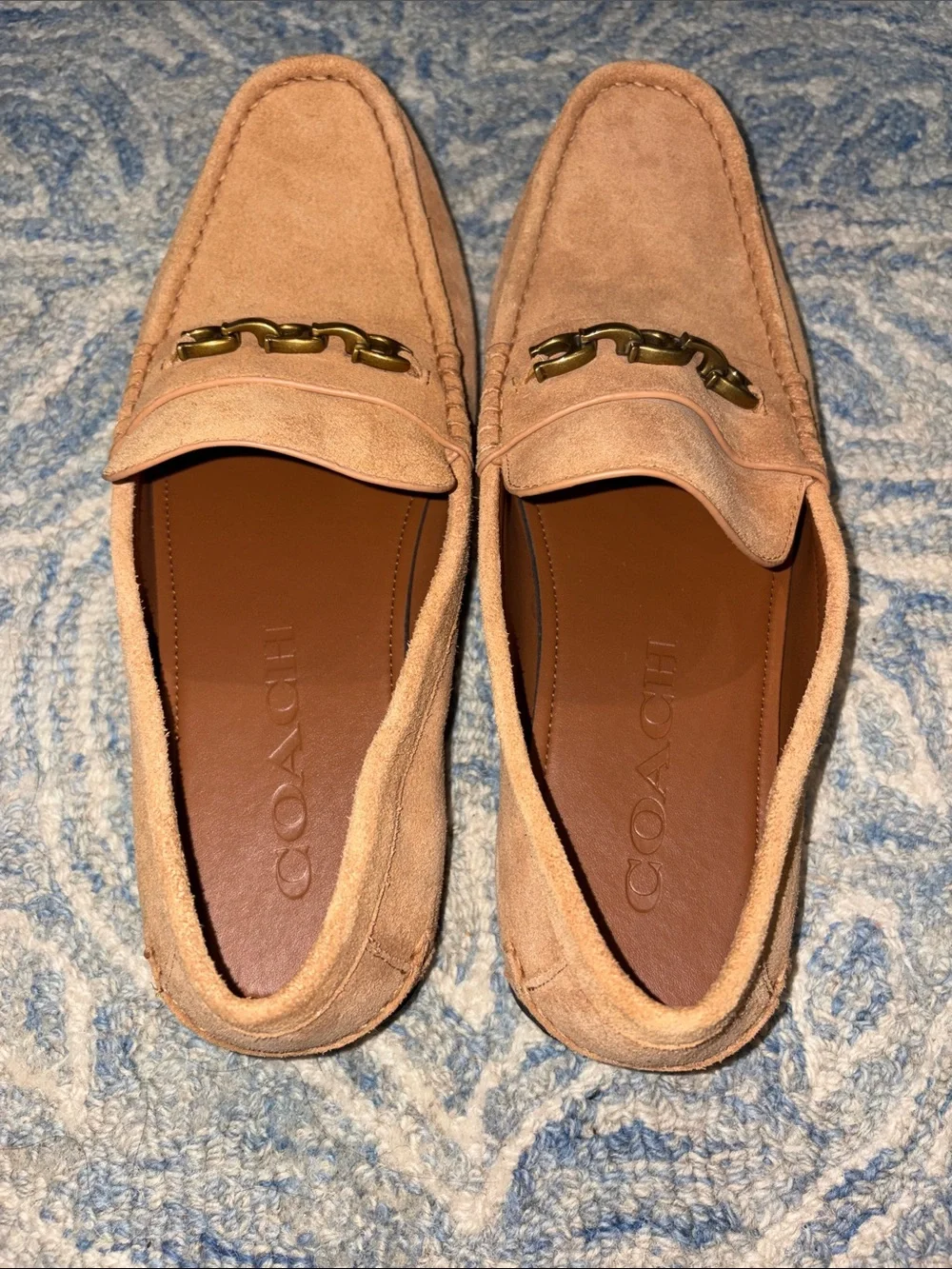 Coach Men's Suede Loafers in Tan with Gold Chain